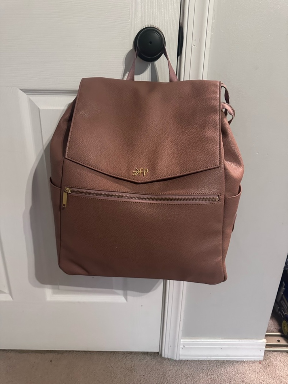 Toffee color Freshly Picked Faux Leather Backpack diaper bag Gold Logo Accent